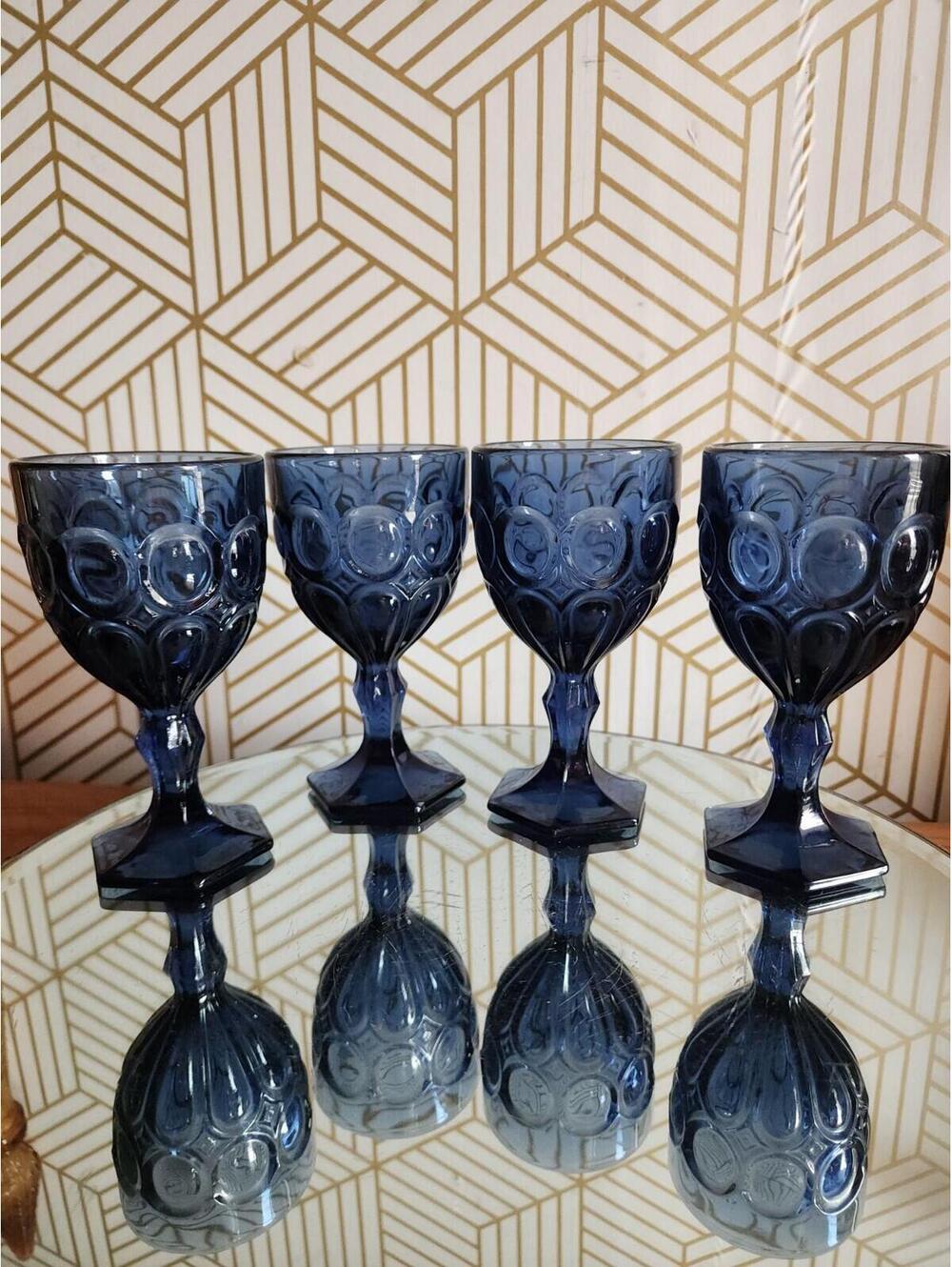Vintage Fostoria Moonstone Cameo Dark Cobalt Blue Stemmed Juice Glasses Goblets